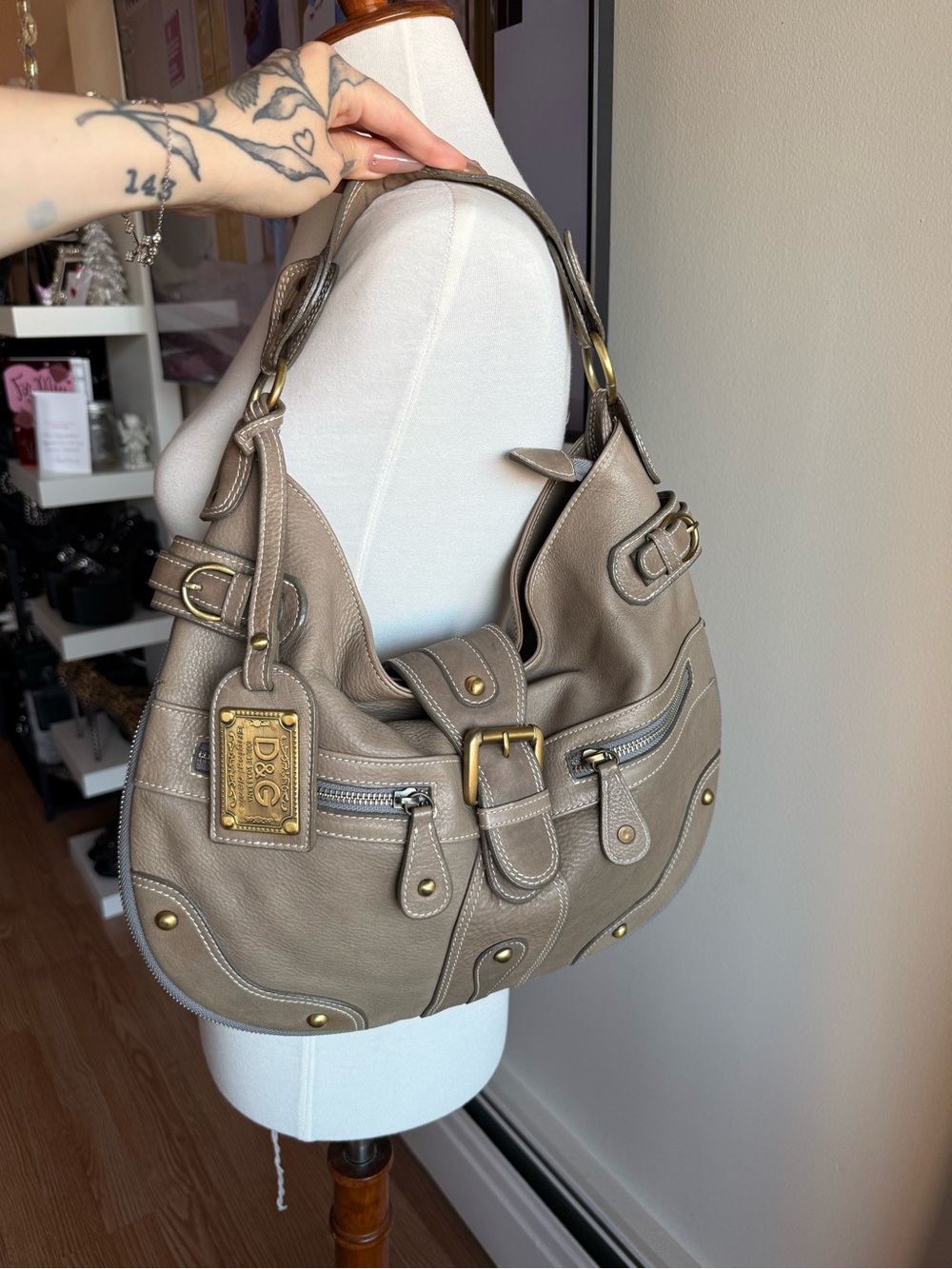 D&G Taupe Shoulder Bag with Brass Accents